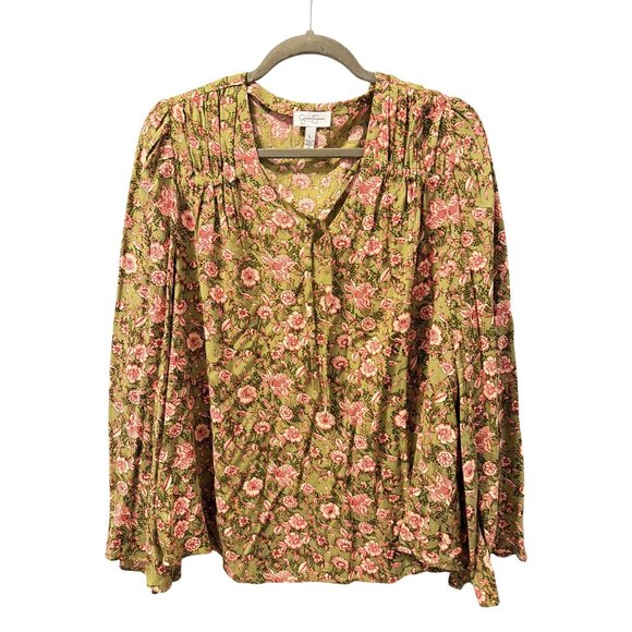 Jessica Simpson Olive Green Floral Boho Blouse With Tie Neck Sz L - Picture 4 of 11
